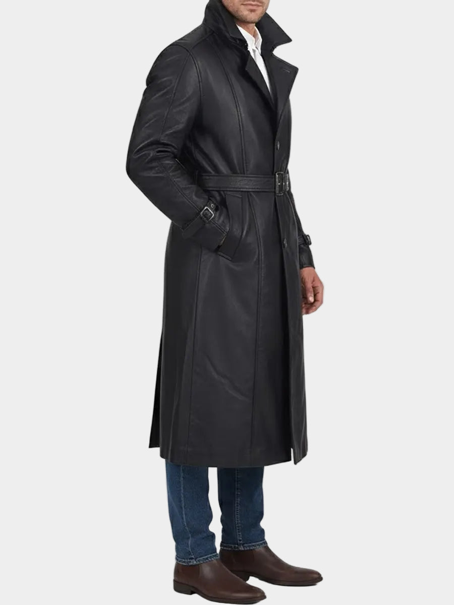 Man wearing a black trench coat on a white background
