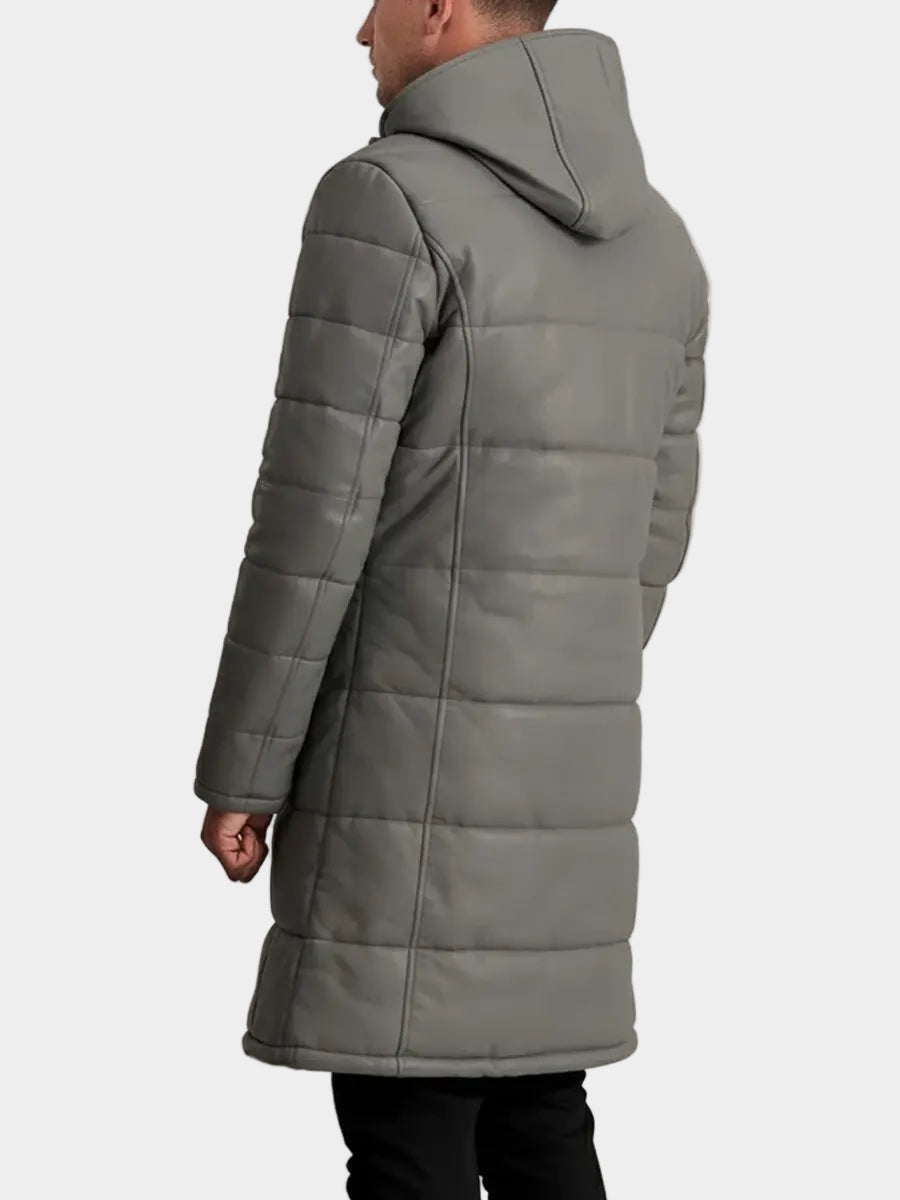 Men's Long Grey Puffer Leather Coat