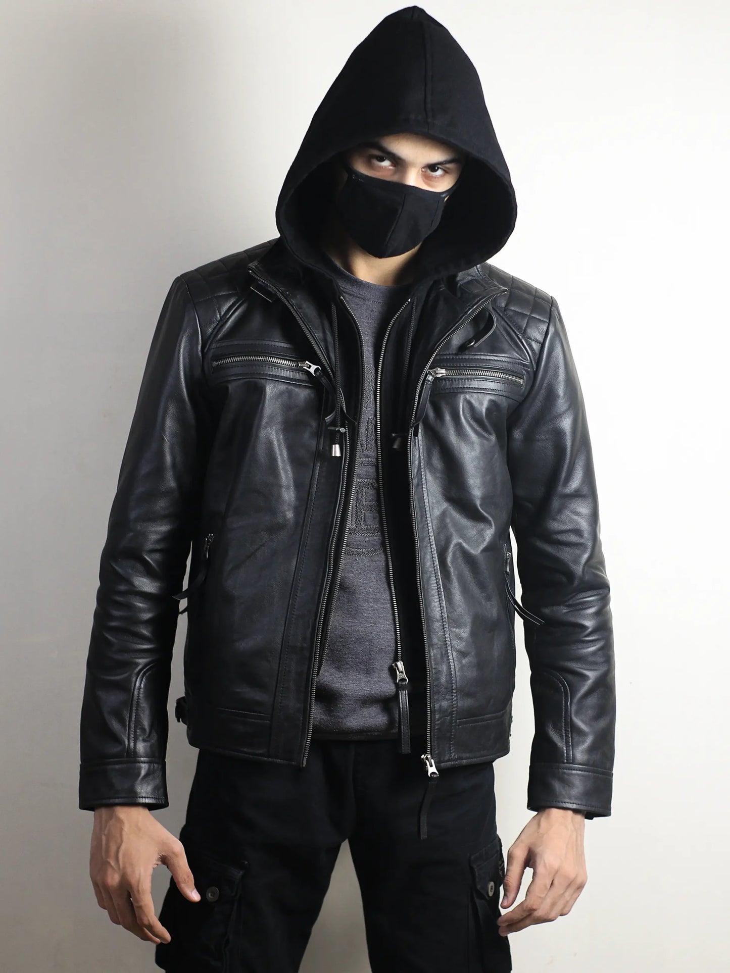 Quilted Diamond Classic Leather Jacket With Removable Hood