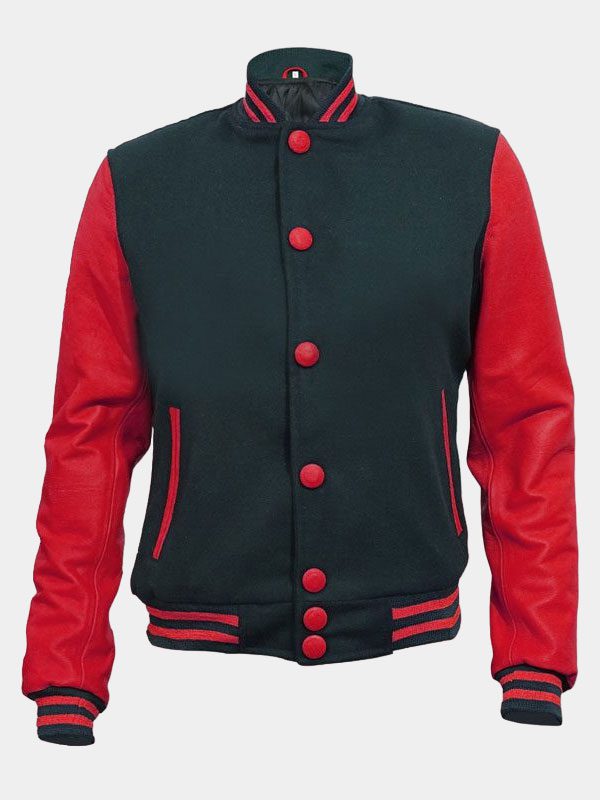 Red And Black Varsity Bomber Jacket For Men's