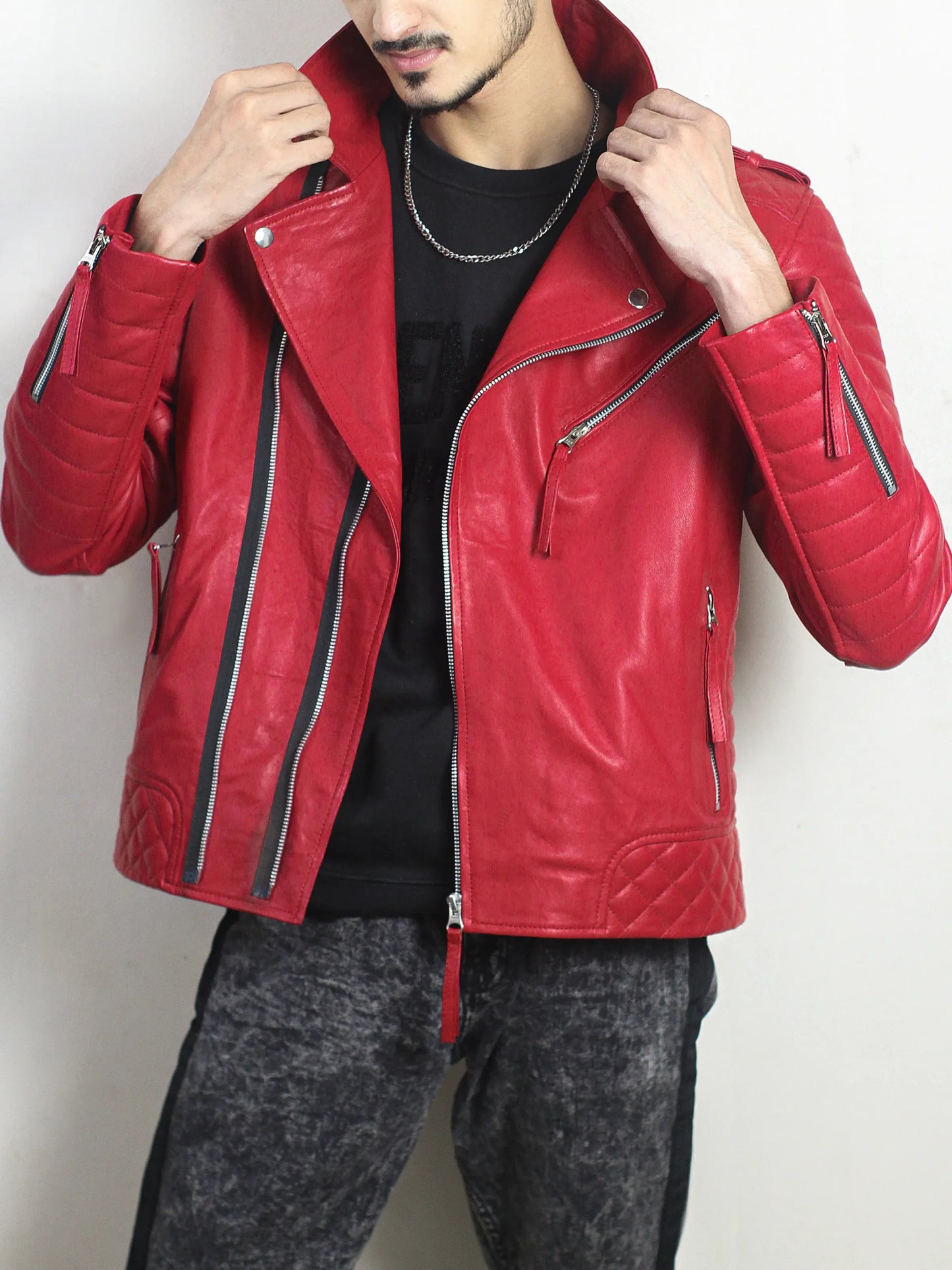 Red Motorcycle Leather Jacket For Mens