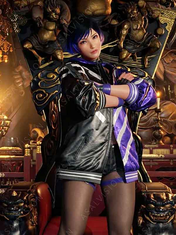 Reina Mishima Tekken 8 Purple and Black Hooded Bomber Costume Jacket