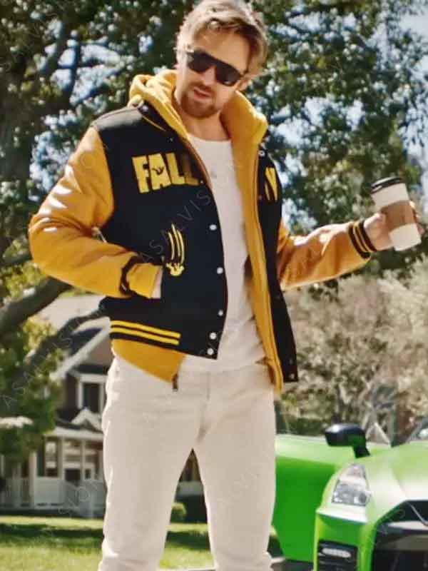 Ryan Gosling Movie The Fall Guy Black and Yellow Letterman Jacket