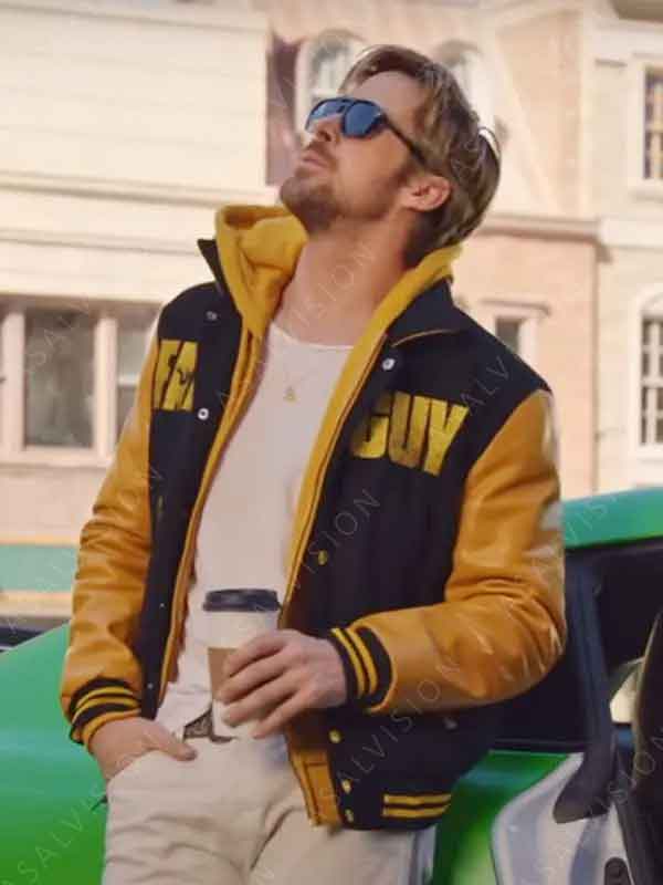 Ryan Gosling Movie The Fall Guy Black and Yellow Varsity Jacket