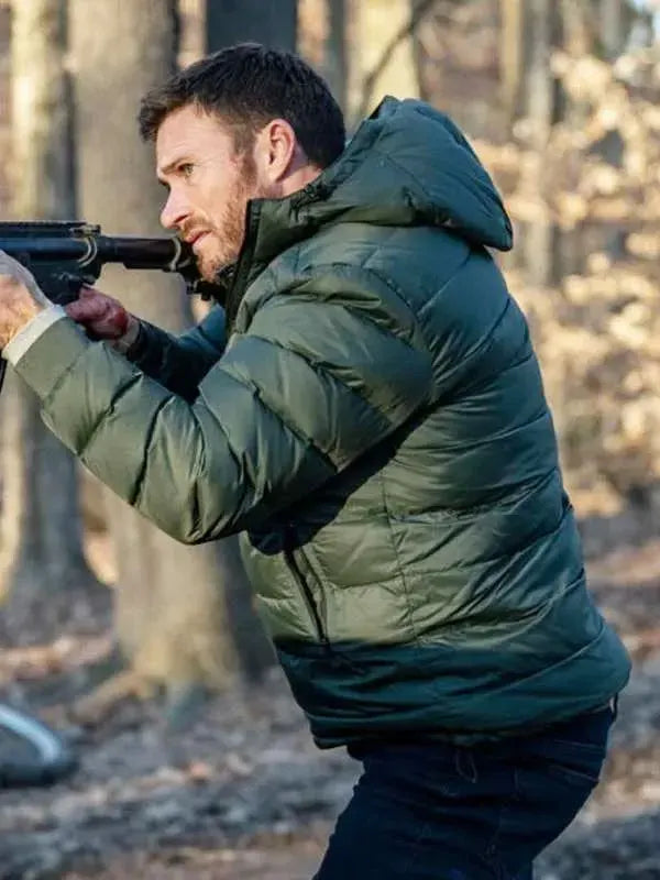 Scott Eastwood Alarum 2025 Joe Travers Green Puffer Jacket With Hood