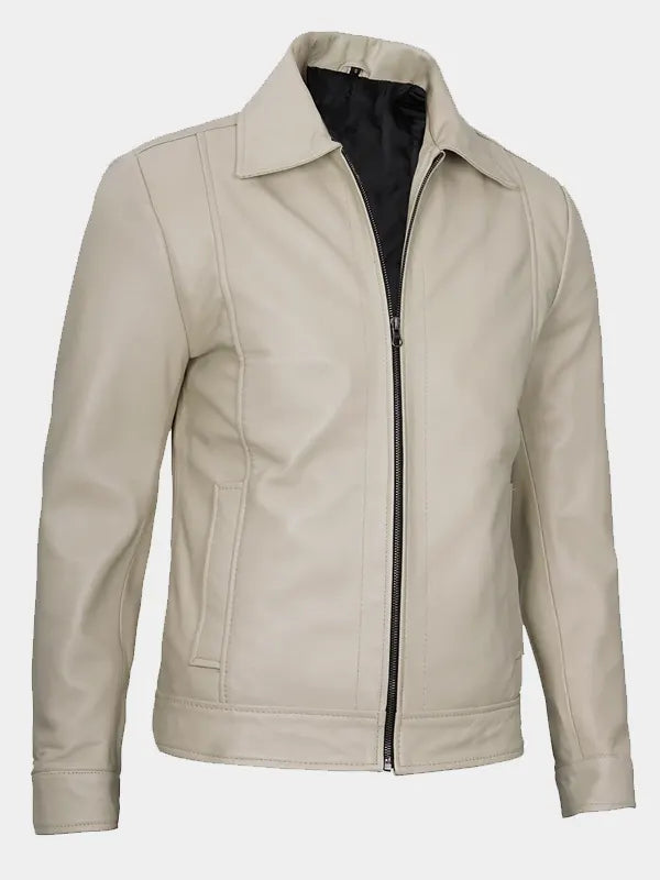 Shirt Collar Beige Leather Jacket For Men