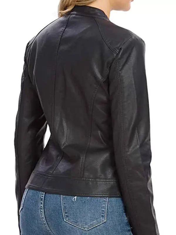 Women's Snap Tab Collar Black Lambskin Leather Jacket