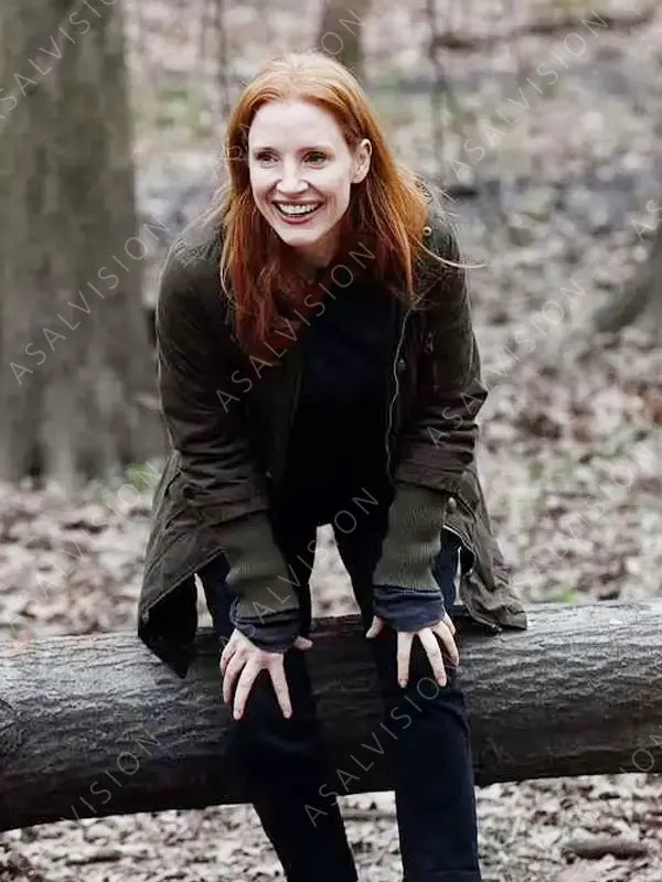 Sylvia Movie Memory 2024 Jessica Chastain Olive Green Cotton Coat With Hood