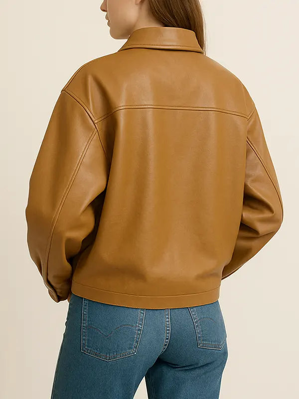 Tan Oversized Zipper Leather Jacket For Women