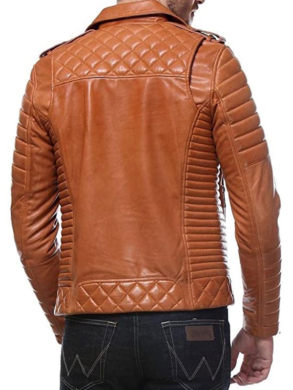 Tan Quilted And Padded Motorcycle Leather Jacket For Men's