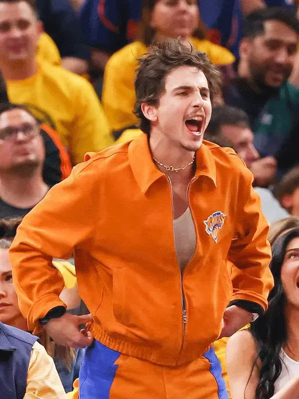 Timothee Chalamet Orange Knicks Jacket