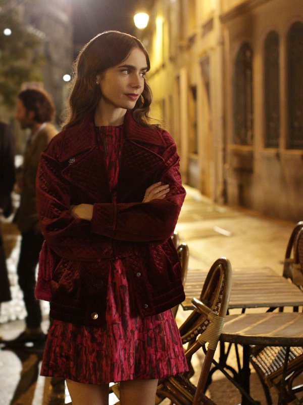 Tv Series Emily In Paris Emily Cooper Maroon Velvet Jacket
