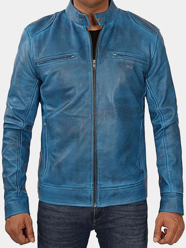 Vintage Blue Leather Jacket For Men