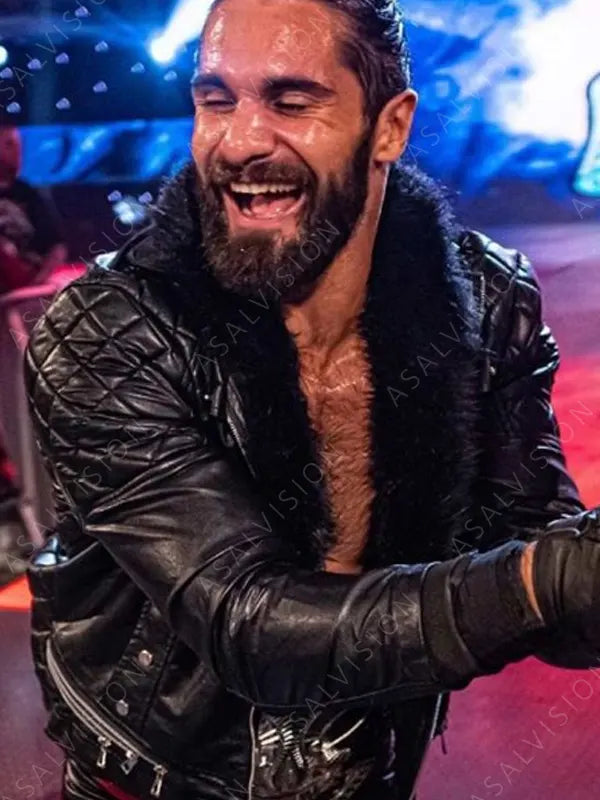 WWE Seth Rollins Leather Black Fur Collar Jacket