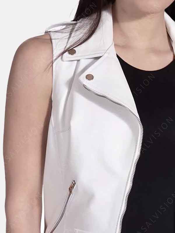 White Leather Biker Vest For Womens