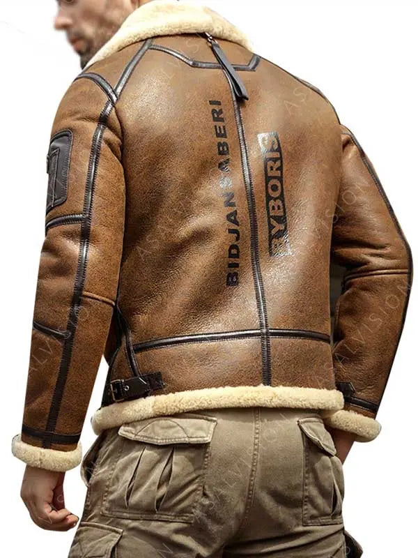 Winter Mens B3 Fur Shearling Sheepskin Leather Brown Aviator Jacket