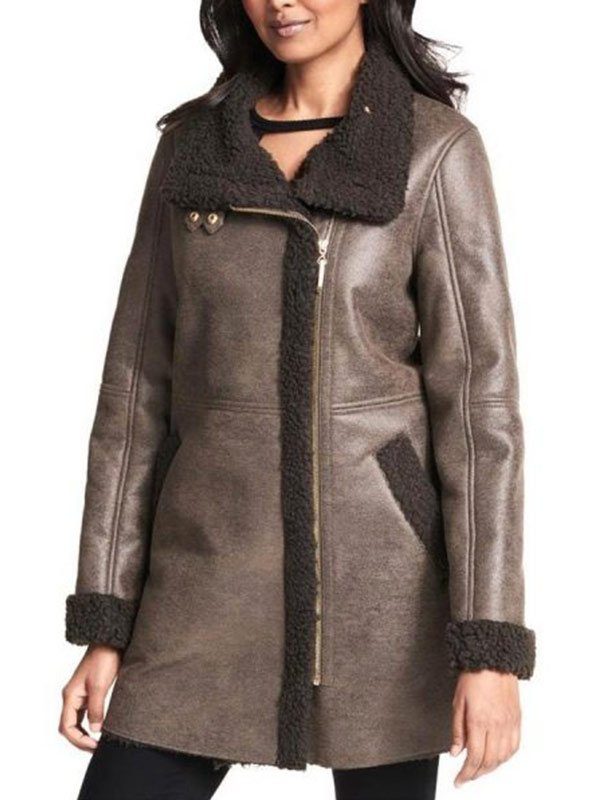 Women Asymmetrical Zip Shearling Leather Coat 1