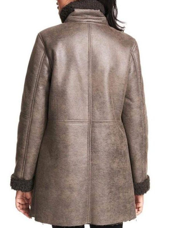 Women Asymmetrical Zip Shearling Leather Coat Back