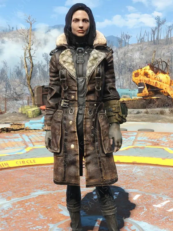 Women Fallout 4 Elder Arthur Maxson Brown Leather Battlecoat Jacket