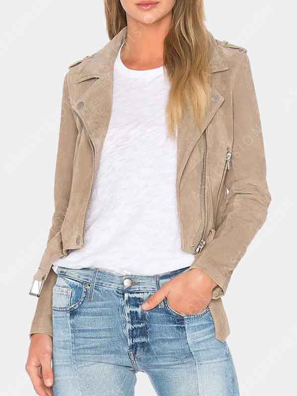 Womens Beige Suede Leather Biker Jacket