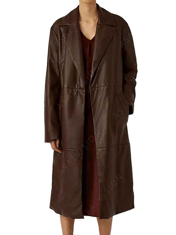 Womens Belted Chocolate Brown Long Leather Trench Coat