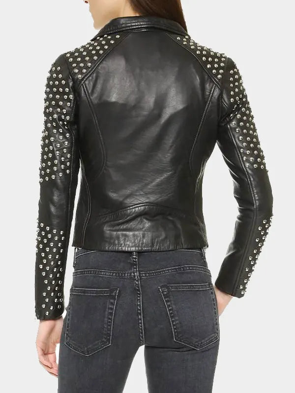 Women's Black Biker Lambskin Leather Studded Jacket