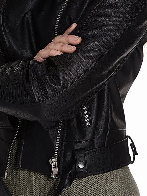 Cropped Black Leather Womens Motorcycle Jacket