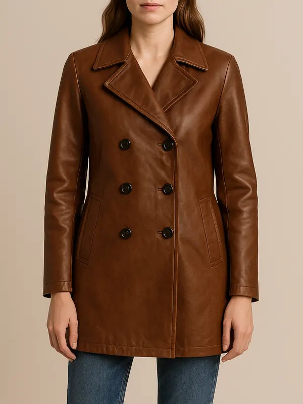 Women's Brown Leather Peacoat