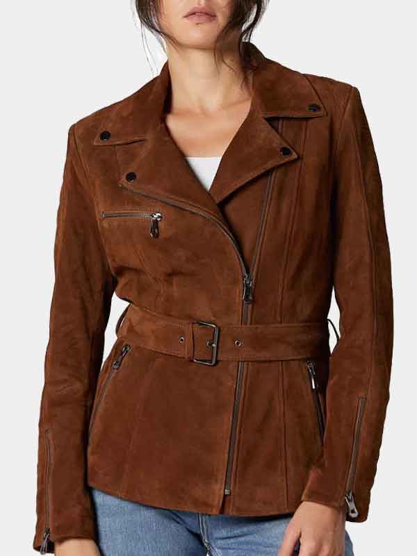 Womens Brown Suede Leather Belted Motorcycle Jacket