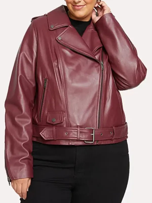 Women's Burgundy Oversized Belted Real Leather Biker Jacket
