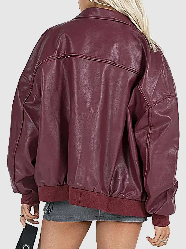 Women's Burgundy Oversized Real Leather Bomber Jacket