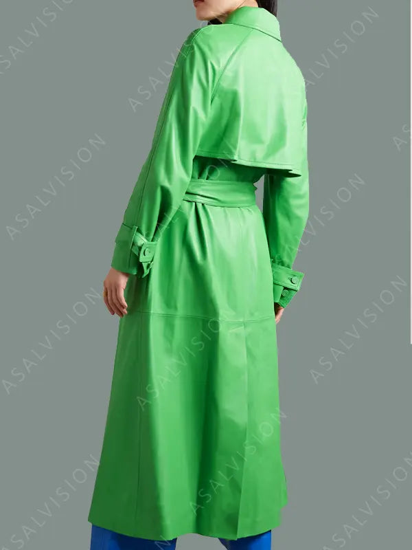 Womens Green Leather Long Belted Trench Coat