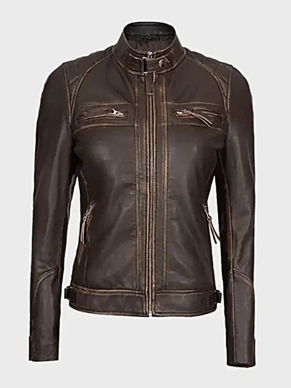 Womens Quilted Shoulder Leather Biker Jacket