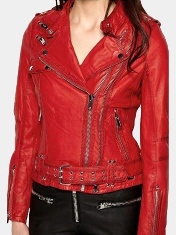 Women's Red Leather Cafe Racer Jacket