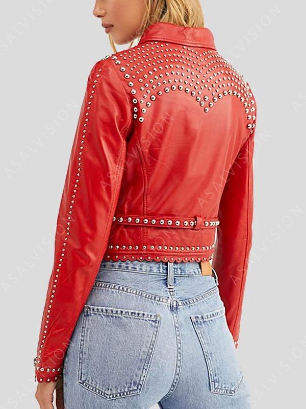 Womens Red Studded Real Leather Jacket