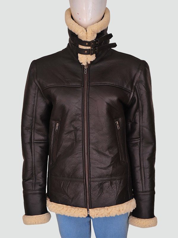 Women’s Shearling Aviator Bomber Brown Leather Jacket 1