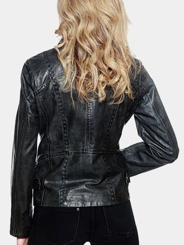 Women's Vintage Shirt Collar Zipper Leather Black Jacket