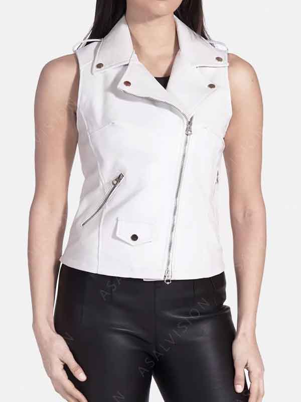Womens White Zipper Leather Vest