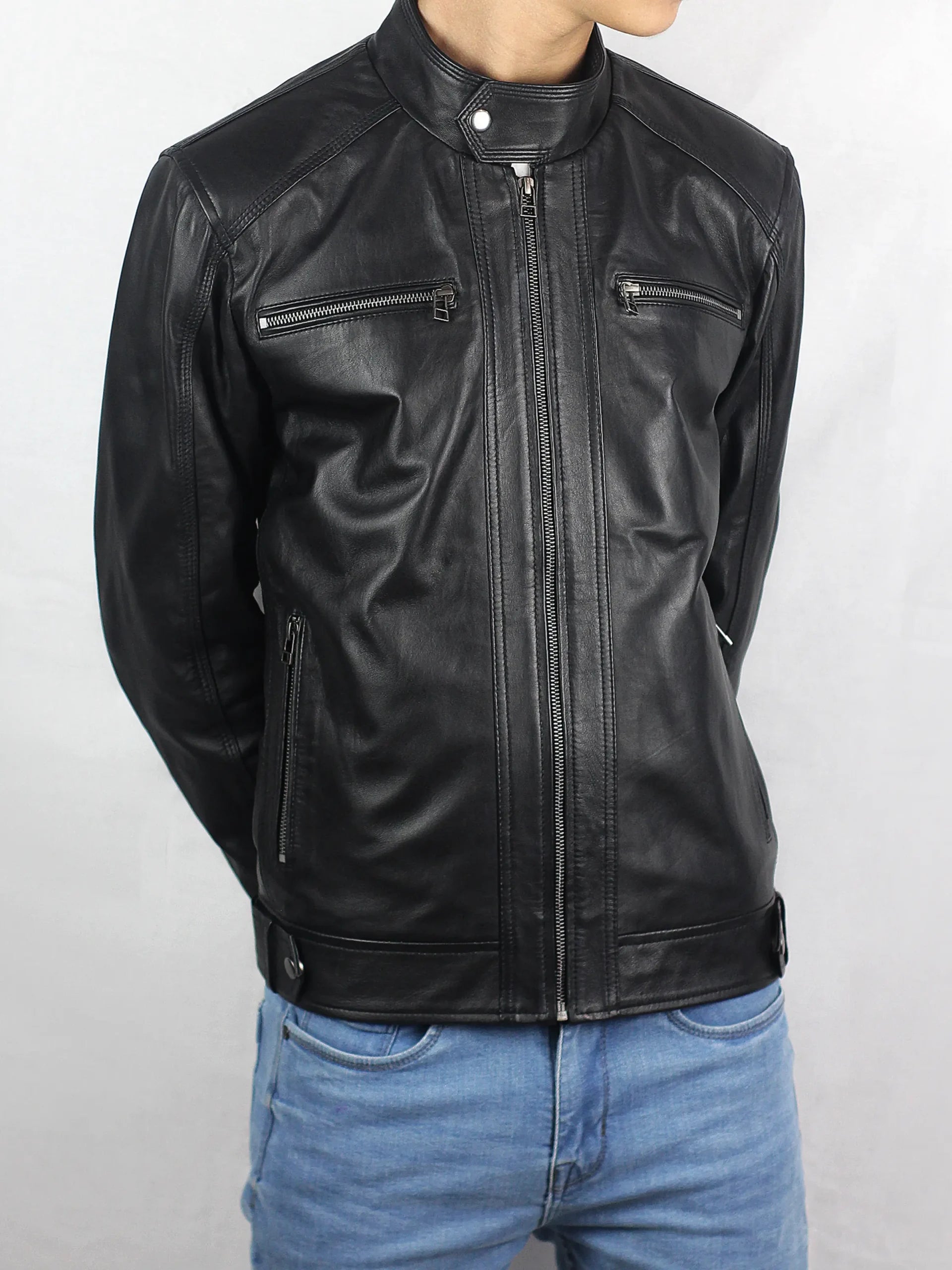 2025 Men’s Cafe Racer Black Biker 100% Real Lambskin Leather Jacket