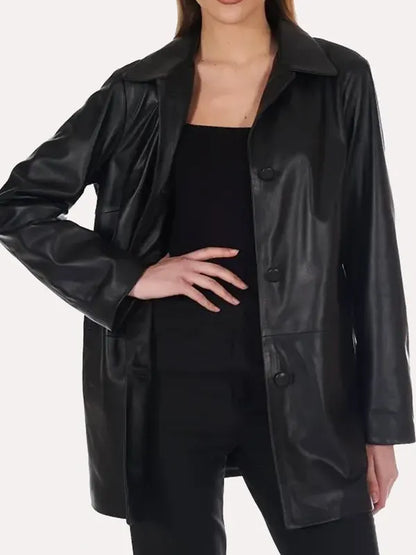 34 Length Buttoned Black Leather Jacket For Women
