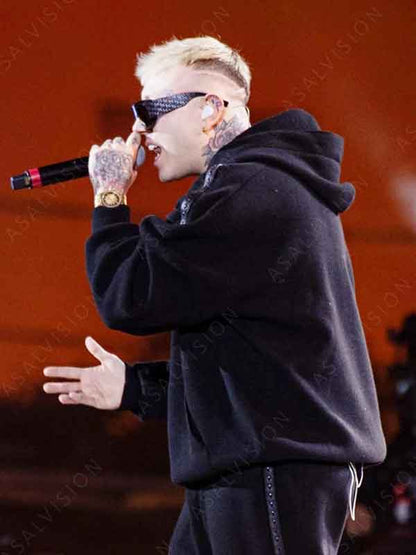 74th Sanremo Music Festival 2024 Lazza Black Oversized Fleece Hoodie