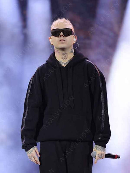74th Sanremo Music Festival Lazza Black Oversized Pullover Fleece Hoodie