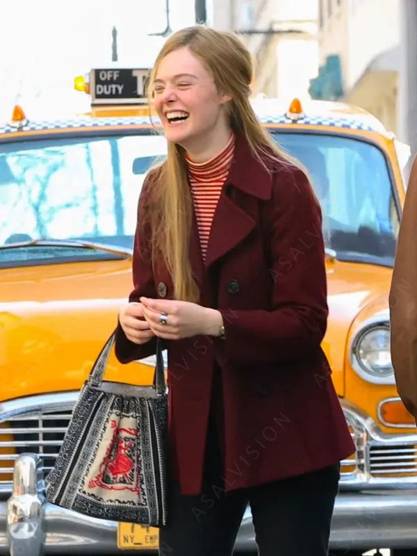 A Complete Unknown Elle Fanning Maroon Wool Peacoat