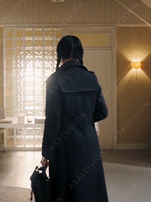 Addams TV Series Wednesday Jenna Ortega Black Trench Wool Coat