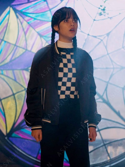 Addams Wednesday Jenna Ortega Black Bomber Varsity Jacket