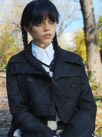 Addams Wednesday Jenna Ortega Cropped Black Wool Jacket