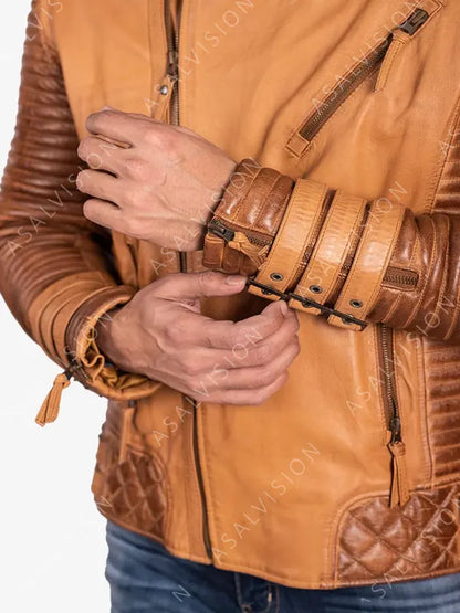 Adrian Quilted And Padded Tan Brown Biker Motorcycle Leather Fashion Jacket 