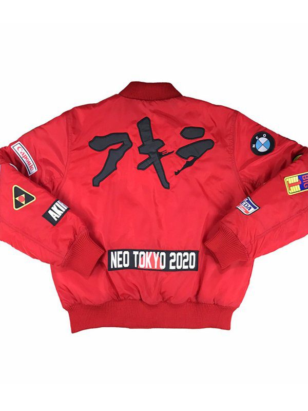 Akira Red Satin Multi Patch Bomber Jacket