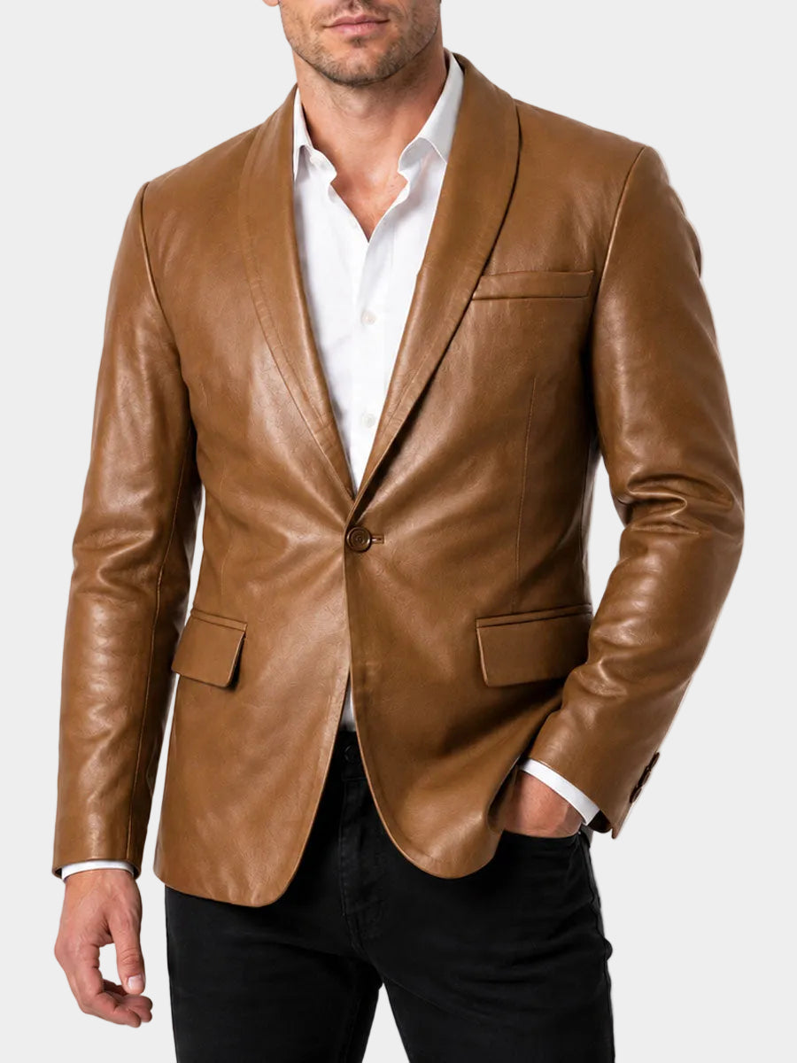 Mens Shawl Collar Tan Leather Blazer