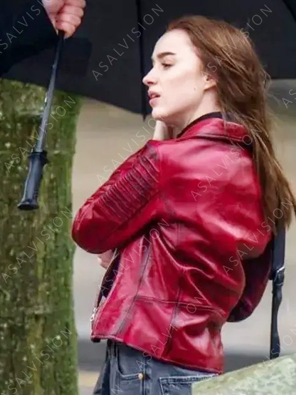 Alexandra Bank Of Dave Movie 2023 Phoebe Dynevor Red Distressed Jacket
